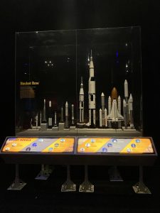 Model rockets on display.