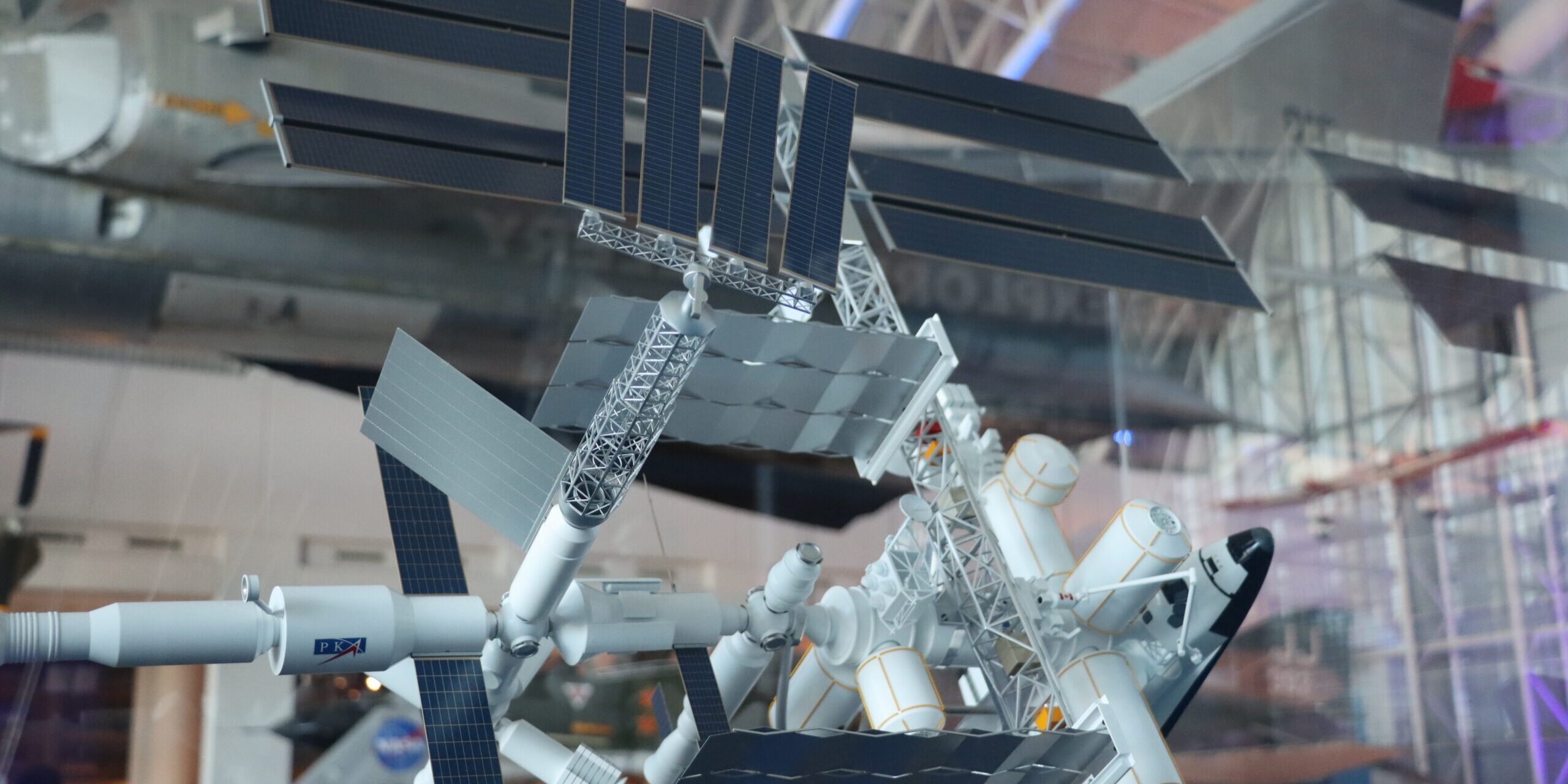 Model of the International Space Station, displayed in a glass case at the Virginia Air and Space Science Center.