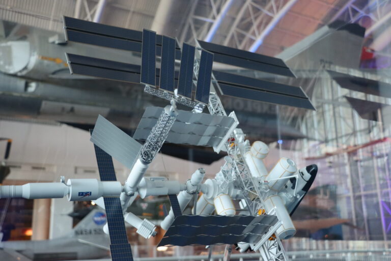 Model of the International Space Station, displayed in a glass case at the Virginia Air and Space Science Center.