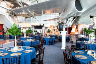 Tables and chairs set up for a wedding reception or banquet dinner
