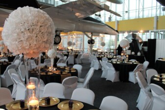 Tables and chairs set up for a wedding reception or banquet dinner