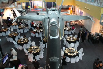 Tables and chairs set up for a wedding reception or banquet dinner