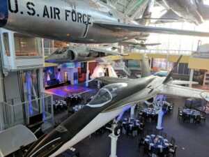 Tables and chairs set up for a wedding reception or banquet dinner