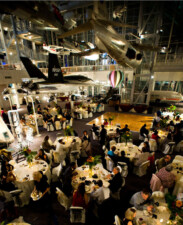 Tables and chairs set up for a wedding reception or banquet dinner